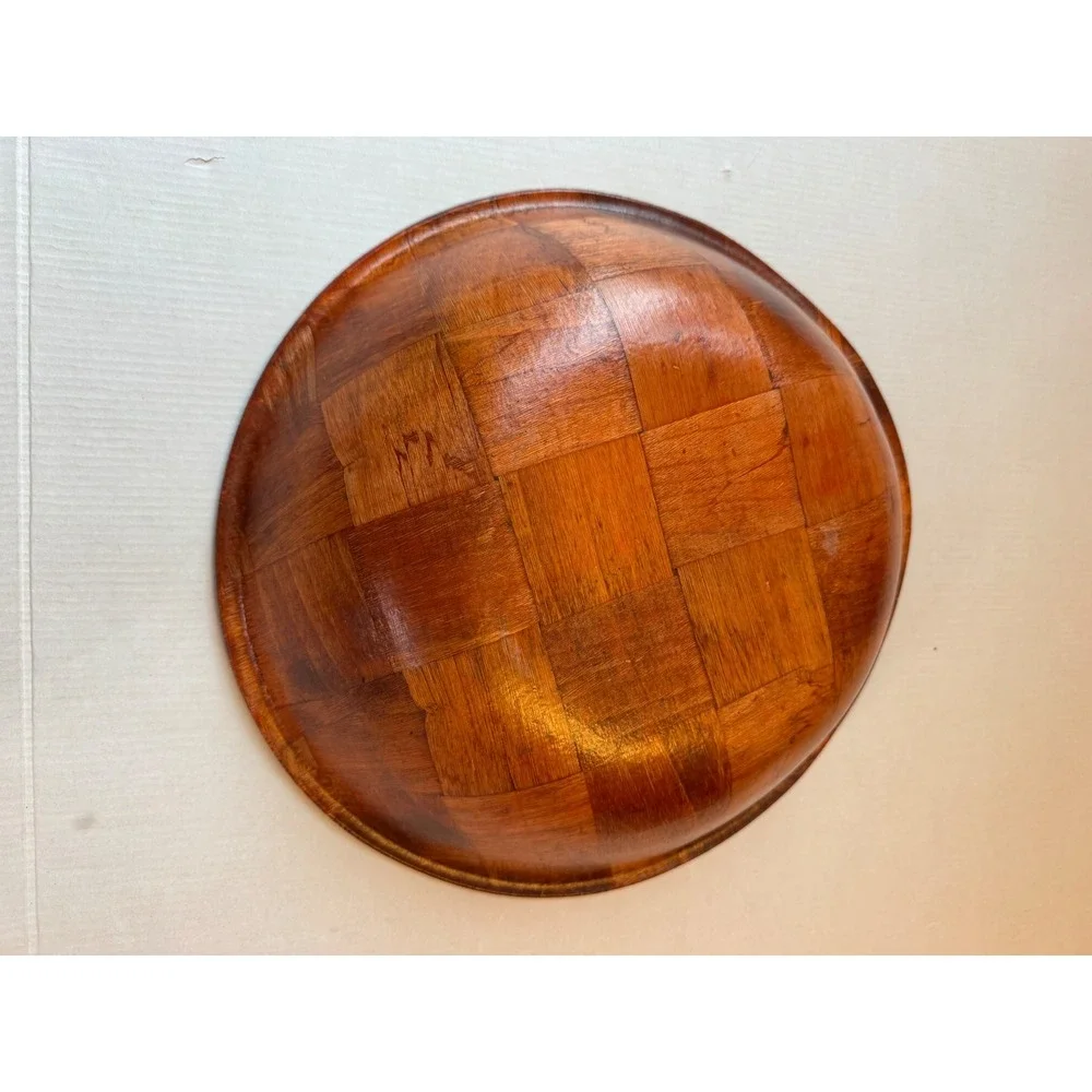 Vintage Large Woven Wood Salad Bowl 14 Inch Mid Century Serving Bowl Brown